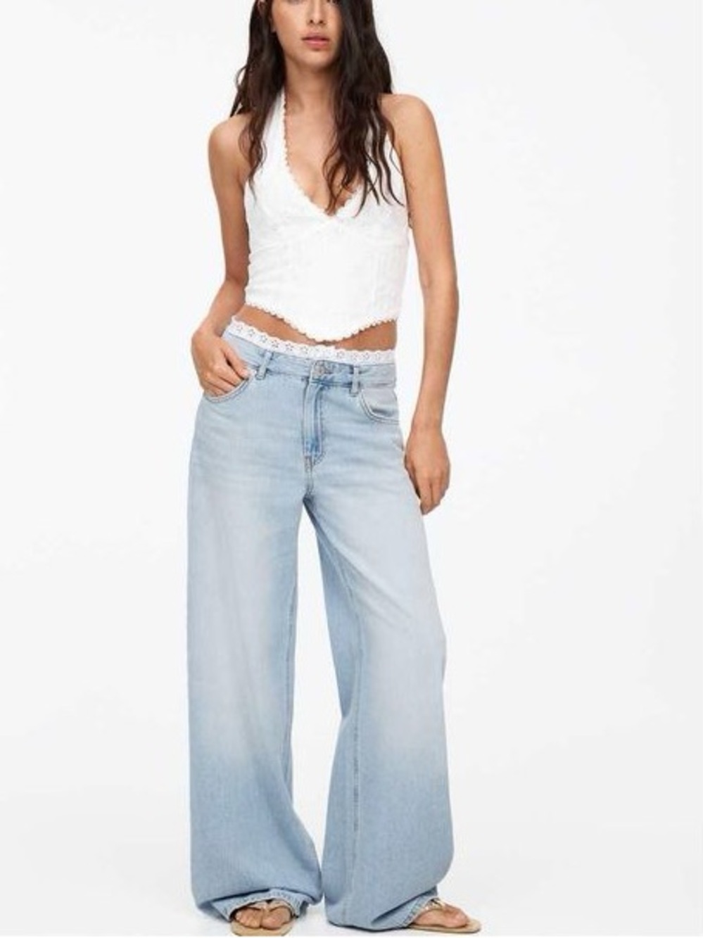 Pull&Bear Women's Blue Baggy Jeans With Lace Trim. Size 8